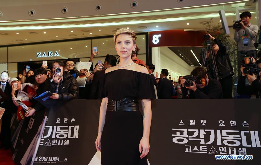Actress Scarlett Johansson attends a red carpet for the film 'Ghost in the Shell' promotion tour in Seoul, South Korea, on March 17, 2017. (Xinhua/Lee Sang-ho) 