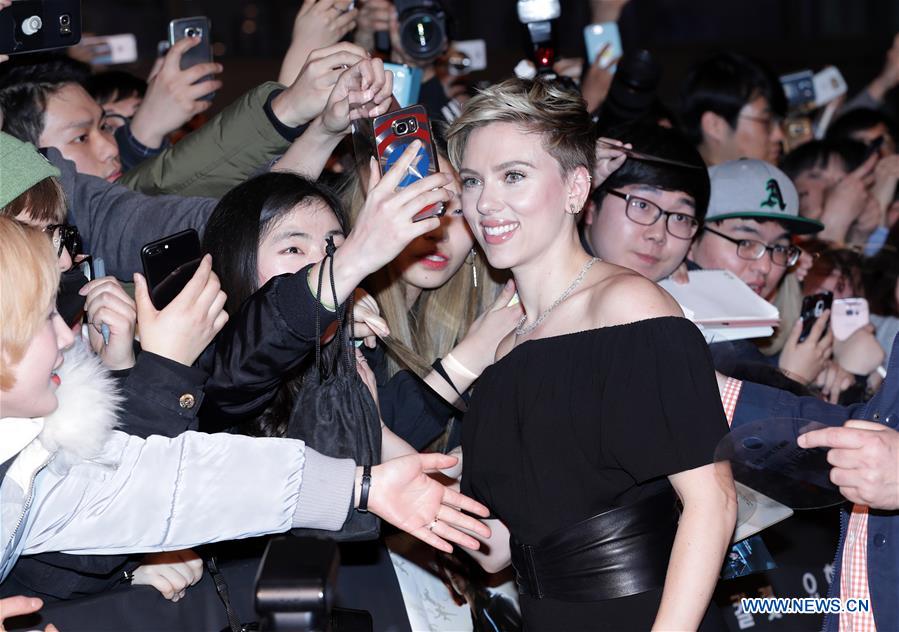 Actress Scarlett Johansson attends a red carpet for the film 'Ghost in the Shell' promotion tour in Seoul, South Korea, on March 17, 2017. (Xinhua/Lee Sang-ho) 