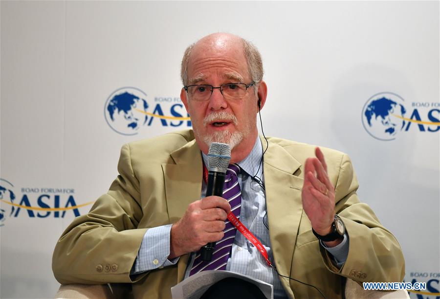 Jim Stone, chairman of Plymouth Rock Assurance and former chairman of US Commodity Futures Trading Commission, addresses the session of 'Asset Securitization: the Good and Bad' during the Boao Forum for Asia Annual Conference 2017 in Boao, south China's Hainan Province, March 24, 2017. 