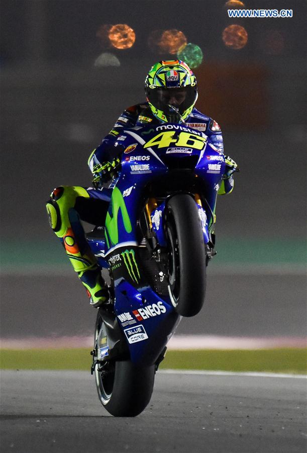 Italian MotoGP rider Valentino Rossi of Movistar Yamaha MotoGP competes in the free-practice 2 during 2017 FIM MotoGP Grand Prix of Qatar at the Losail International Circuit in Doha, capital of Qatar, on March 24, 2017. 