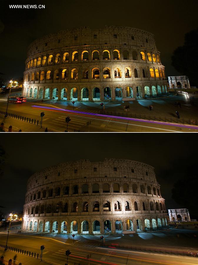 Combo photo taken on March 25, 2017 shows Colosseo with light off (down) and on during the Earth Hour in Rome, Italy.
