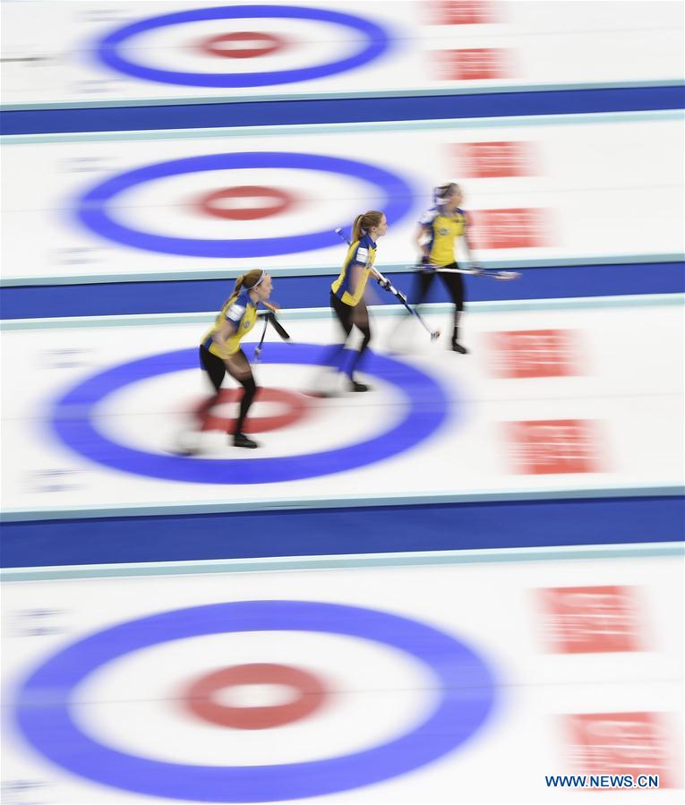 Players of Sweden compete during the bronze medal match against Scotland at the CPT World Women's Curling Championship 2017, in Beijing, capital of China, March 26, 2017.