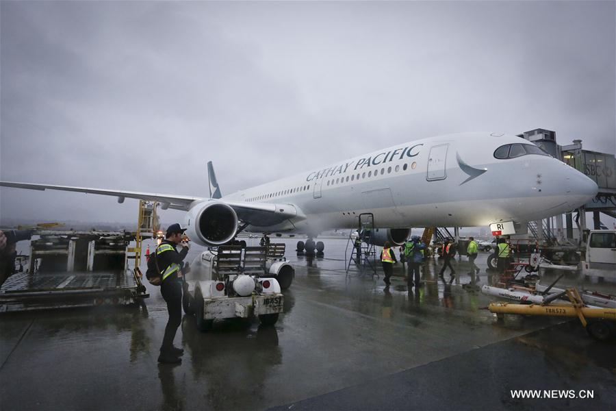 A new Airbus A350-900 passenger jet made its first scheduled flight to Canada on Tuesday and began Cathay Pacific's use of the plane for its Vancouver-Hong Kong route. (Xinhua/Liang Sen) 
