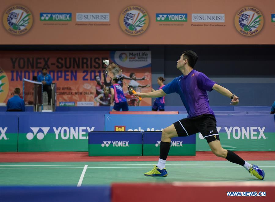Wei Nan of Hong Kong, China competes during the first round of men's single against Tian Houwei of China in Yonex Sunrise Indian Open Badminton Championship in New Delhi, India, March 29, 2017. Tian Houwei won 2-0.