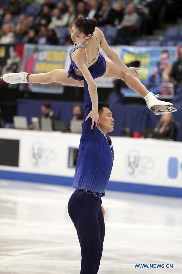 China's Yu Xiaoyu (Top) and Zhang Hao perform during the pairs short program of the ISU World Figure Skating Championships 2017 in Helsinki, Finland, on March 29, 2017. Yu and Zhang took the fourth place of the short program with 75.23 points. (Xinhua/Matti Matikainen)