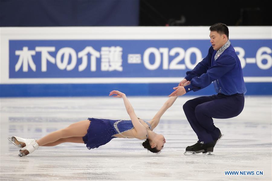 China's Yu Xiaoyu (L) and Zhang Hao perform during the pairs short program of the ISU World Figure Skating Championships 2017 in Helsinki, Finland, on March 29, 2017. Yu and Zhang took the fourth place of the short program with 75.23 points. (Xinhua/Matti Matikainen)