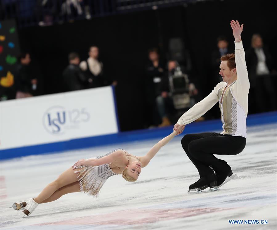 Russia's Evgenia Tarasova (L) and Vladimir Morozov perform during the pairs short program of the ISU World Figure Skating Championships 2017 in Helsinki, Finland, on March 29, 2017. Tarasova and Morozov took the thrid place of the short program with 79.37 points. (Xinhua/Liu Lihang)