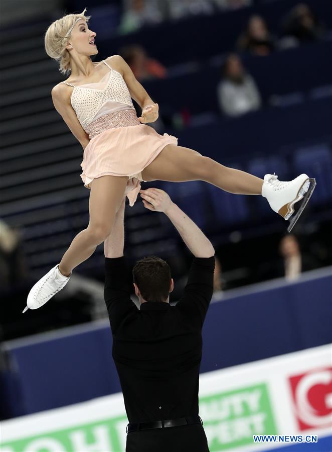 Germany's Aliona Savchenko (Top) and Bruno Massot perform during the pairs short program of the ISU World Figure Skating Championships 2017 in Helsinki, Finland, on March 29, 2017. Savchenko and Massot took the second place of the short program with 79.84 points. (Xinhua/Liu Lihang)