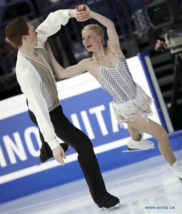Russia's Evgenia Tarasova (R) and Vladimir Morozov perform during the pairs short program of the ISU World Figure Skating Championships 2017 in Helsinki, Finland, on March 29, 2017. Tarasova and Morozov took the thrid place of the short program with 79.37 points. (Xinhua/Liu Lihang)