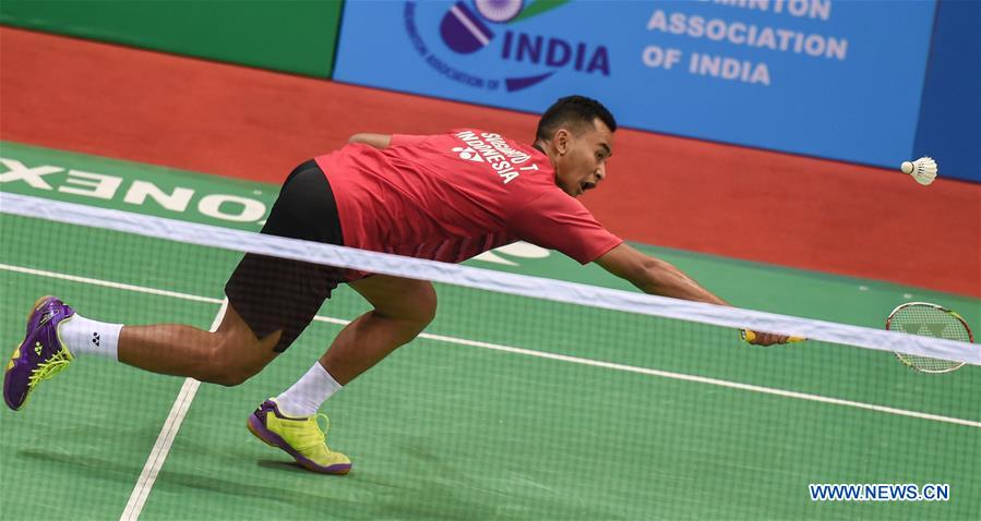 Tommy Sugiarto of Indonesia competes during the 2nd round of men's single against Huang Yuxiang of China in Yonex Sunrise Indian Open Badminton Championship in New Delhi, India, March 30, 2017. Tommy Sugiarto won 2-1.