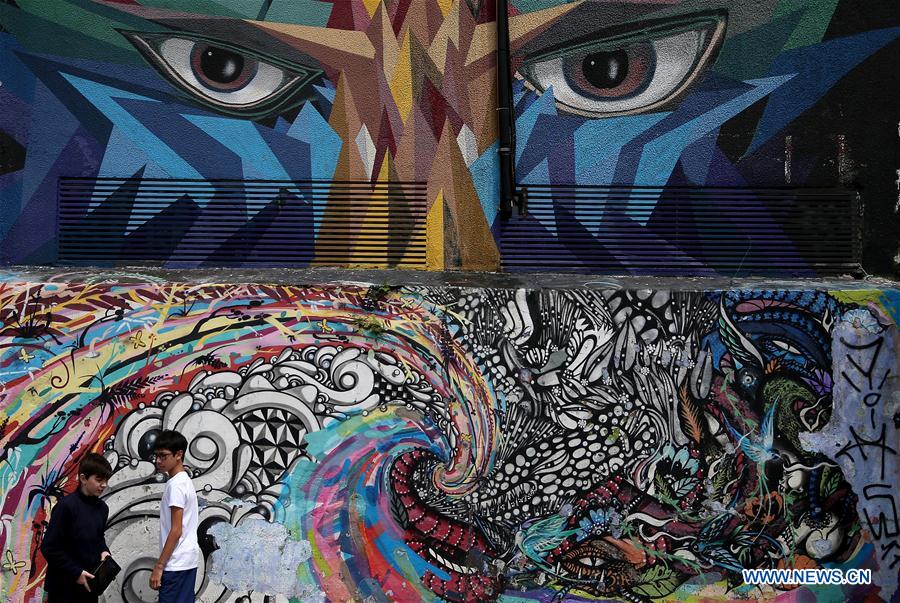 Two boys stand in front of a wall with graffiti at the Batman's Alley in Sao Paulo, Brazil, on March 29, 2017. Batman's Alley is a popular tourist destination because of the dense concentration of graffiti that line the streets. (Xinhua/Li Ming)