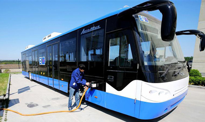 Electric airport shuttle bus tested in north China
