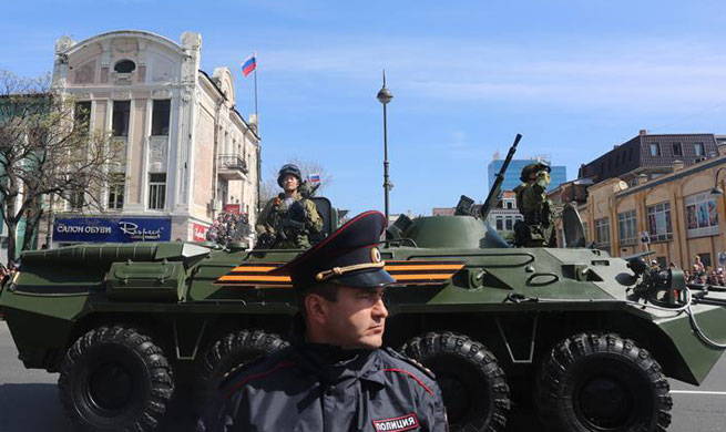 Russian soldiers participate in Victory Day parade in Vladivostok