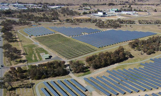 Aerial view of Mugga Lane Solar Park in Canberra, Australia