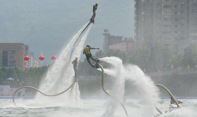 Flyboarding on water performed in China's Hubei