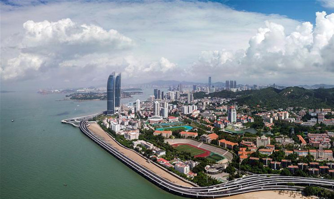 Aerial panoramic view of China's coastal city Xiamen