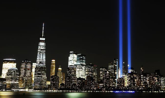 Tribute in Light, One World Trade Center seen on 9/11 anniv.