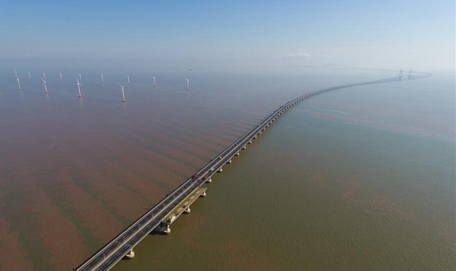 Aerial view of Donghai Bridge Offshore Wind Farm in Shanghai