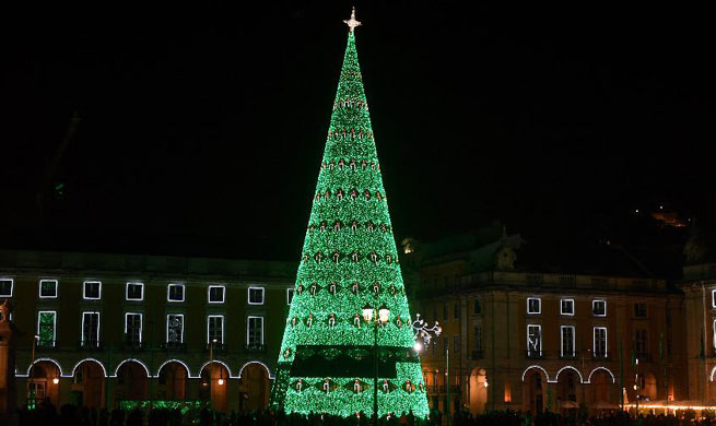 Huge Christmas tree lit up in downtown Lisbon