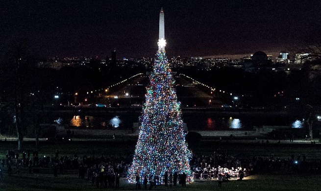 Christmas tree lit on west front lawn of U.S. Capitol in Washington