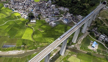 Aerial panoramic scenery of Kaili section of Shanghai-Kunming high-speed railway in SW China