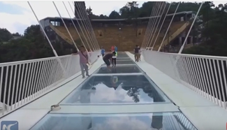 Terrifying glass-bottomed walkway opens on cliff face in C China