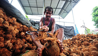 Thai worker peels coconuts in Bangkok