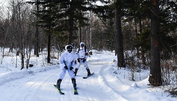 Policemen ski to patrol in Changbai Mountains in NE China