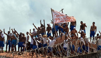 Inmates stage demonstration in Alcacuz State Penitentiary, Brazil