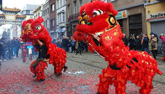 Lion dance performed in Belgium to mark Chinese Lunar New Year