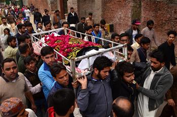 People attend funeral ceremony of suicide blast victim in Pakistan