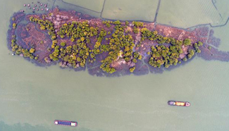Aerial shots of fish-shaped island in Huai'an City, east China