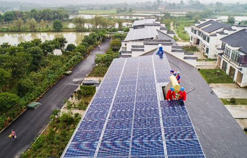 Scenery of photovoltaics on roof of Beitang Village in E China's Zhejiang
