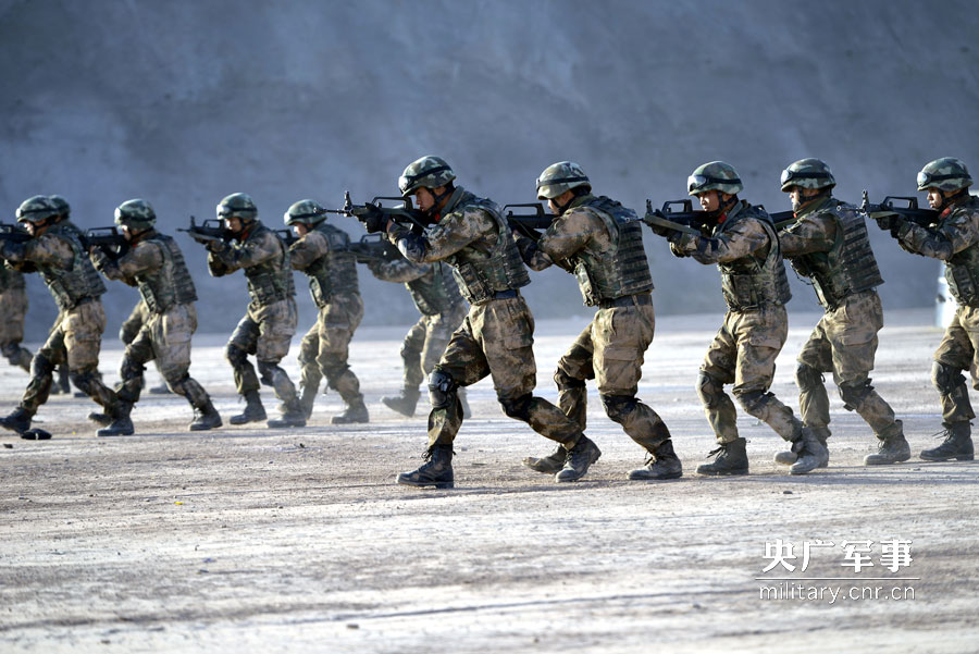 2015年11月13日，新疆边防“利剑突击队”特战队员在进行小组战术演示。