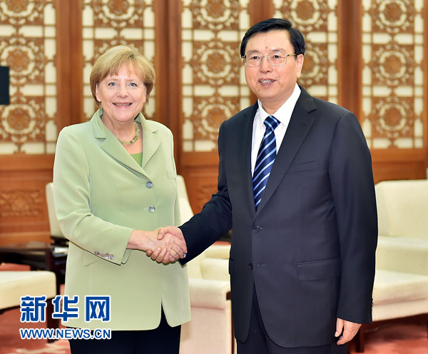 7月7日，全国人大常委会委员长张德江在北京人民大会堂会见德国总理默克尔。 新华社记者 李涛 摄 