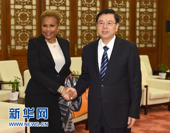 10月24日，全国人大常委会委员长张德江在北京人民大会堂会见巴哈马参议长威尔逊。 新华社记者马占成摄