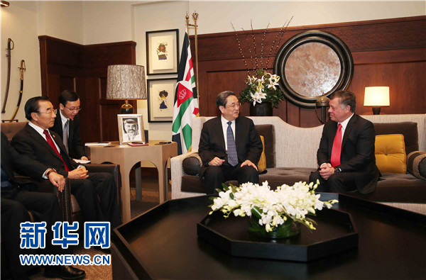 11月9日，正在约旦进行正式友好访问的全国政协主席俞正声在安曼会见约旦国王阿卜杜拉二世。 新华社记者 刘卫兵 摄 