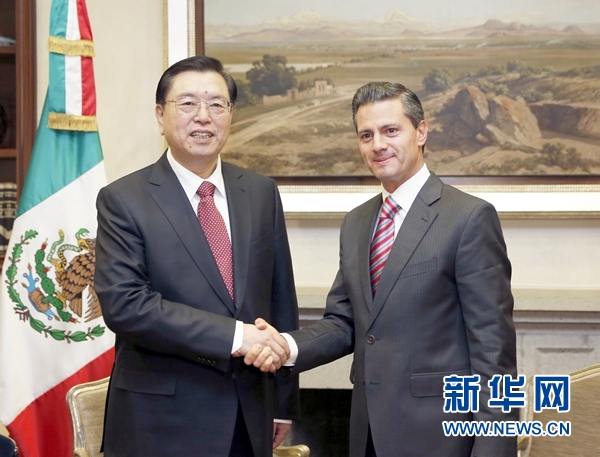 11月26日，正在墨西哥进行正式友好访问的全国人大常委会委员长张德江在墨西哥城会见墨西哥总统培尼亚。 新华社记者鞠鹏摄