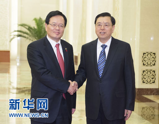 12月17日，全国人大常委会委员长张德江在北京人民大会堂与韩国国会议长郑义和举行会谈。新华社记者谢环驰摄