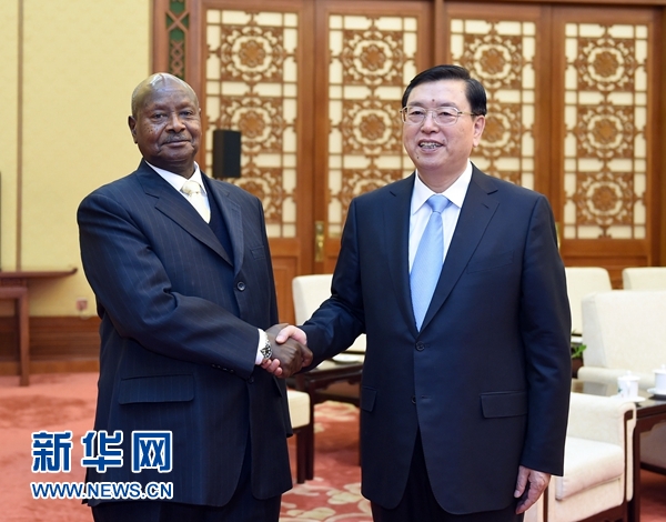 3月31日，全国人大常委会委员长张德江在北京人民大会堂会见乌干达总统穆塞韦尼。 新华社记者 张铎 摄