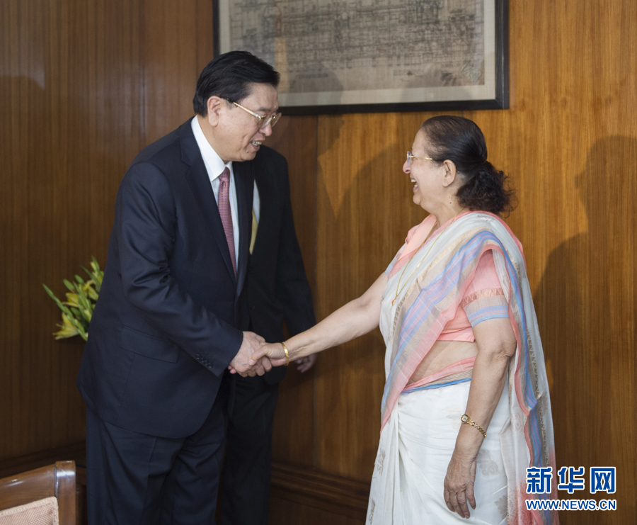 6月15日，中国全国人大常委会委员长张德江在新德里与印度人民院议长马哈詹举行会谈。 新华社记者谢环驰摄