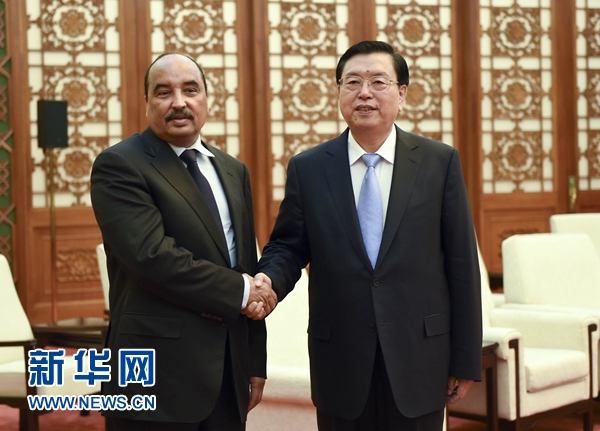 9月15日，全国人大常委会委员长张德江在北京人民大会堂会见毛里塔尼亚总统阿齐兹。 新华社记者 张铎 摄