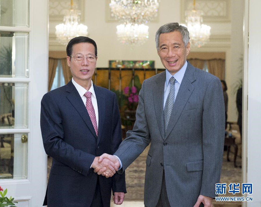 10月13日，中共中央政治局常委、国务院副总理张高丽在新加坡会见新加坡总理李显龙。 新华社记者王晔摄