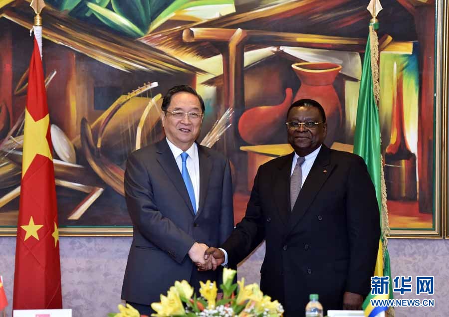 4月12日，正在加蓬进行正式友好访问的全国政协主席俞正声在利伯维尔会见加蓬国民议会议长奥努维耶。 新华社记者高洁摄