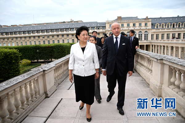 6月29日，国务院副总理刘延东（左）在巴黎法国宪法委员会会见法国宪法委员会主席法比尤斯。 新华社记者金宇摄