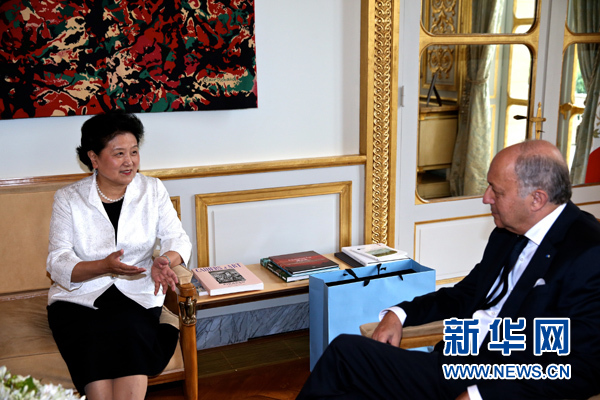 6月29日，国务院副总理刘延东（左）在巴黎法国宪法委员会会见法国宪法委员会主席法比尤斯。 新华社记者金宇摄