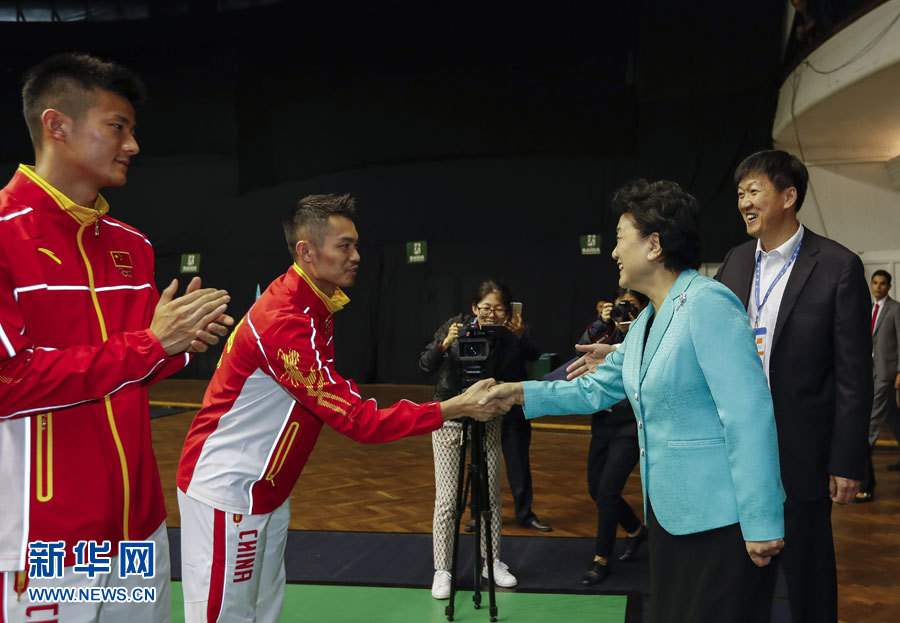 当地时间8月3日，国务院副总理刘延东在巴西出席里约奥运会开幕式前前往圣保罗赛前训练营看望中国体育代表团。这是刘延东与羽毛球运动员林丹（左二）握手。新华社记者韩岩摄