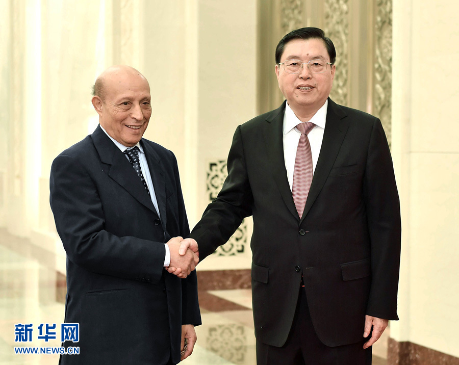 12月2日，全国人大常委会委员长张德江在北京人民大会堂与阿尔及利亚国民议会议长哈利法举行会谈。 新华社记者 李涛摄