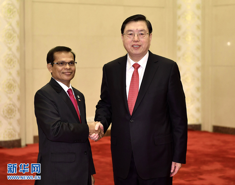 月7日，全国人大常委会委员长张德江在北京人民大会堂与马尔代夫议长马斯赫举行会谈。 新华社记者李涛摄