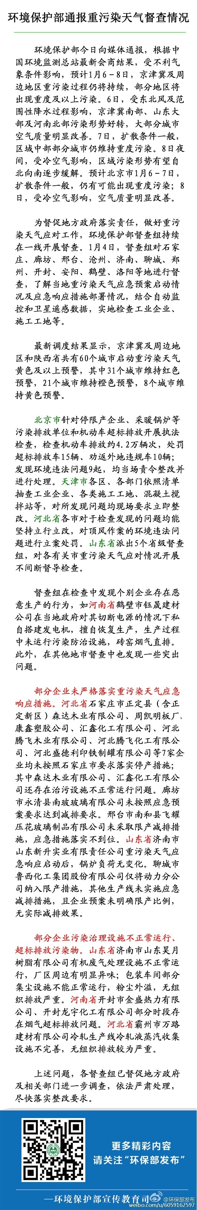 环保部:京津冀重污染天气持续 31城维持红色预警